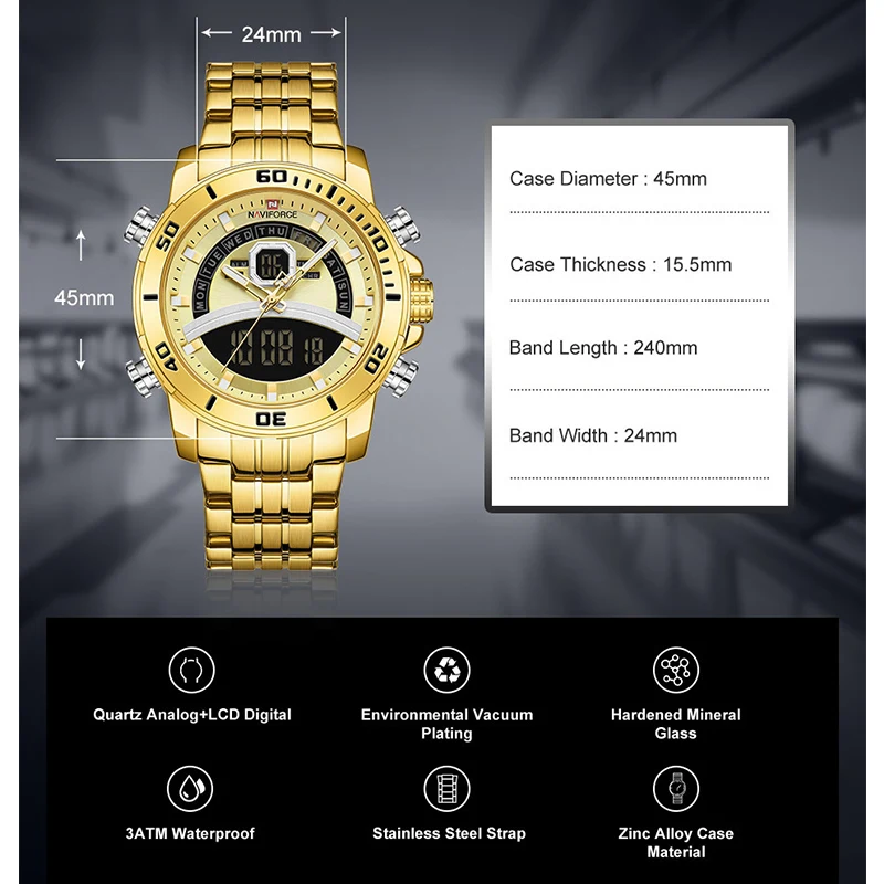 NAVIFORCE 9181 Watches For Men Gold Business Digital Wrist watch Sports Quartz Male Watch Steel Band Waterproof Clock