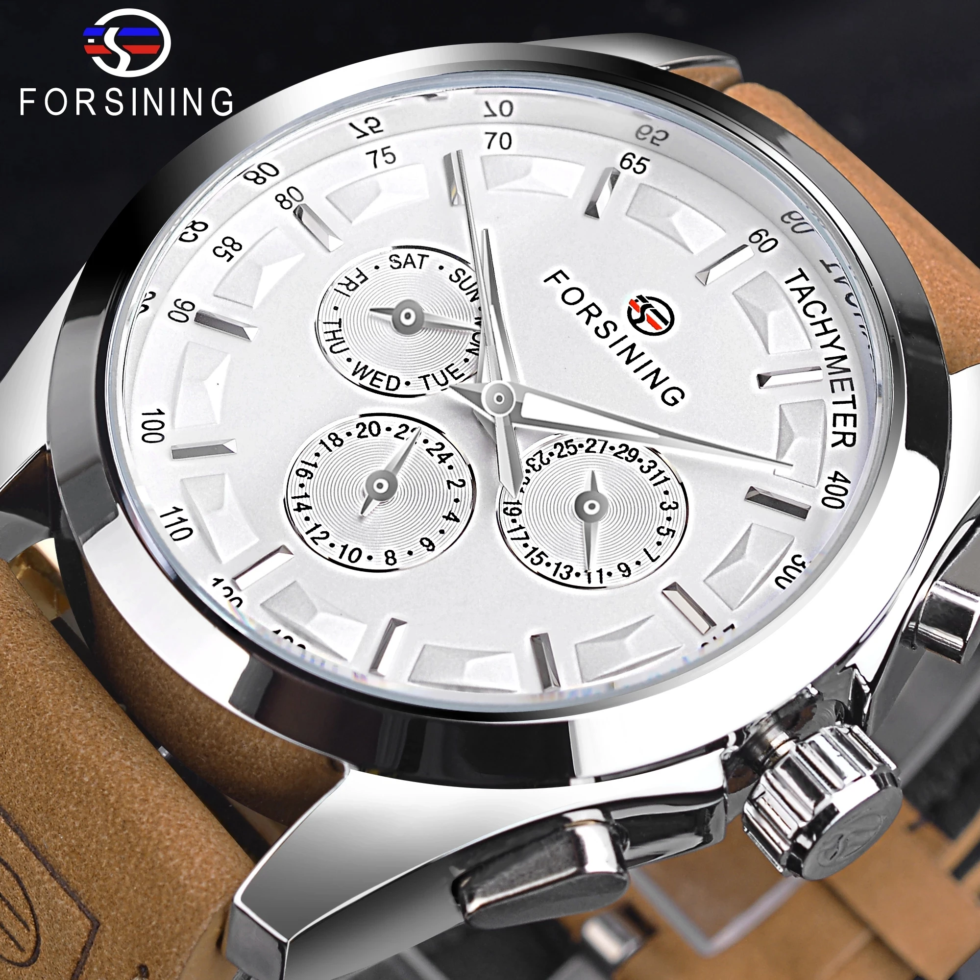 Forsining Watches Men Fashion Leather Genuine Calendar Wristwatches Waterproof Multifunction Automatic Mechanical Watch Men’s