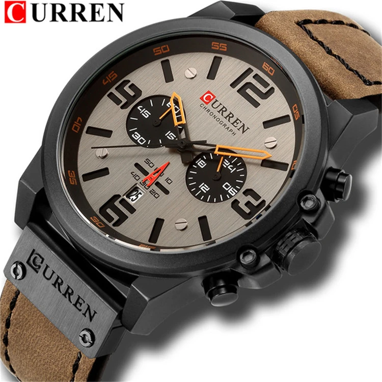 CURREN Mens Watches 8314 relojes Waterproof Sport Wrist Watch Chronograph Quartz Genuine Leather Relogio Masculino