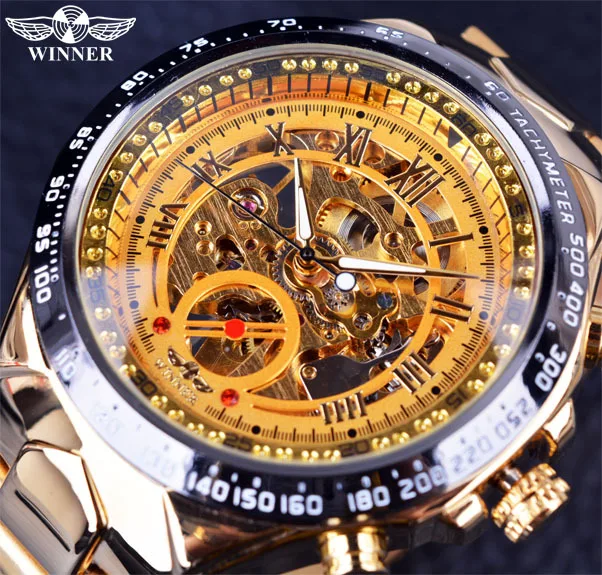 WINNER winner men’s personalized fashion golden all steel hollow automatic mechanical watch