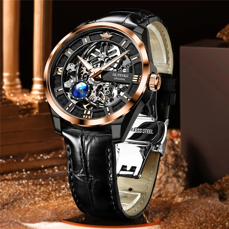 OUPINKE Luxury Watch for Men Automatic Mechanical Sapphire Leather Waterproof Sports Skeleton Wrist Watches Brand reloj hombre