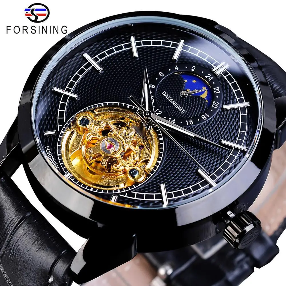 Forsining Luxury Mechanical Watch Men Genuine Leather Automatic Watches Fashion Moon Phase Tourbillon Wristwatches Reloj Hombre