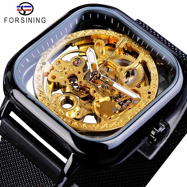 Forsining Watch Skeleton Men Mechanical Watches Automatic Self-Wind Simple Transparent Fashion Mesh Steel Wristwatch Reloj