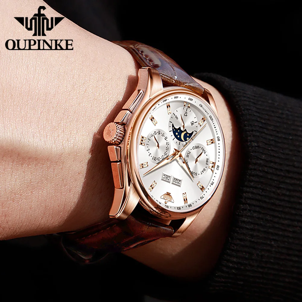 Oupinke 3189 Luxury Automatic Mechanical Watches Leather Strap Waterproof High Quality oem Luxury custom logo mechanic Watch Men