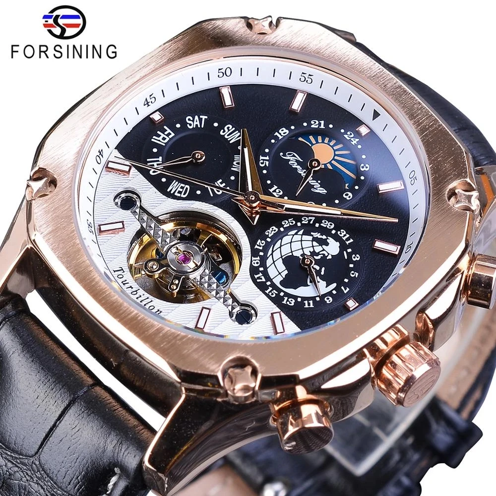 Forsining Top New Automatic Mechanical Watch Man Clock Black Leather Strap Tourbillon Week Date Display Fashion Wrist Watches