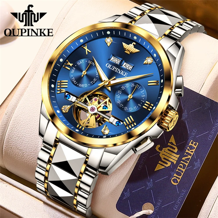 OUPINKE Luxury Automatic Watches Men Mechanical Tourbillon Leather Sapphire Wristwatch Waterproof Sports Top Brand Montre homme