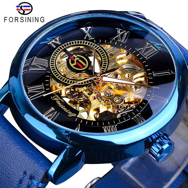Forsining Automatic Mechanical Watch Men Luxury Genuine Leather Skeleton Watches Men’s Waterproof Luminous Sport Wristwatches