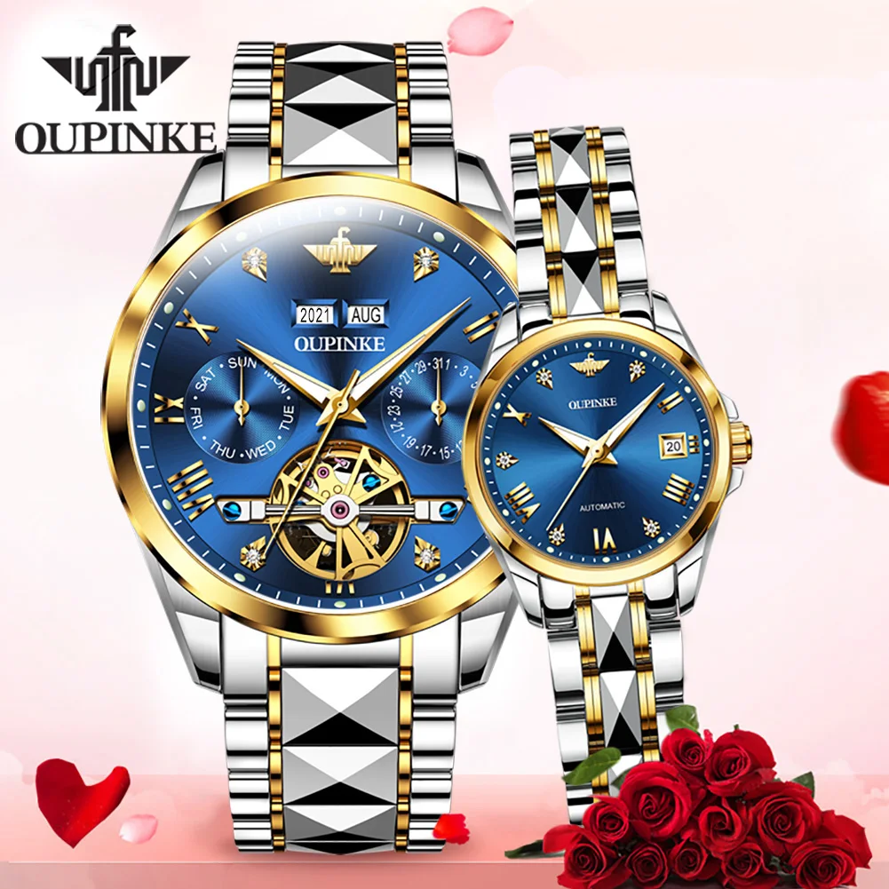 Oupinke 3186  Oem Custom luxury High quality fashion Luminous Tourbillon automatic mechanical watches couple watches for lovers