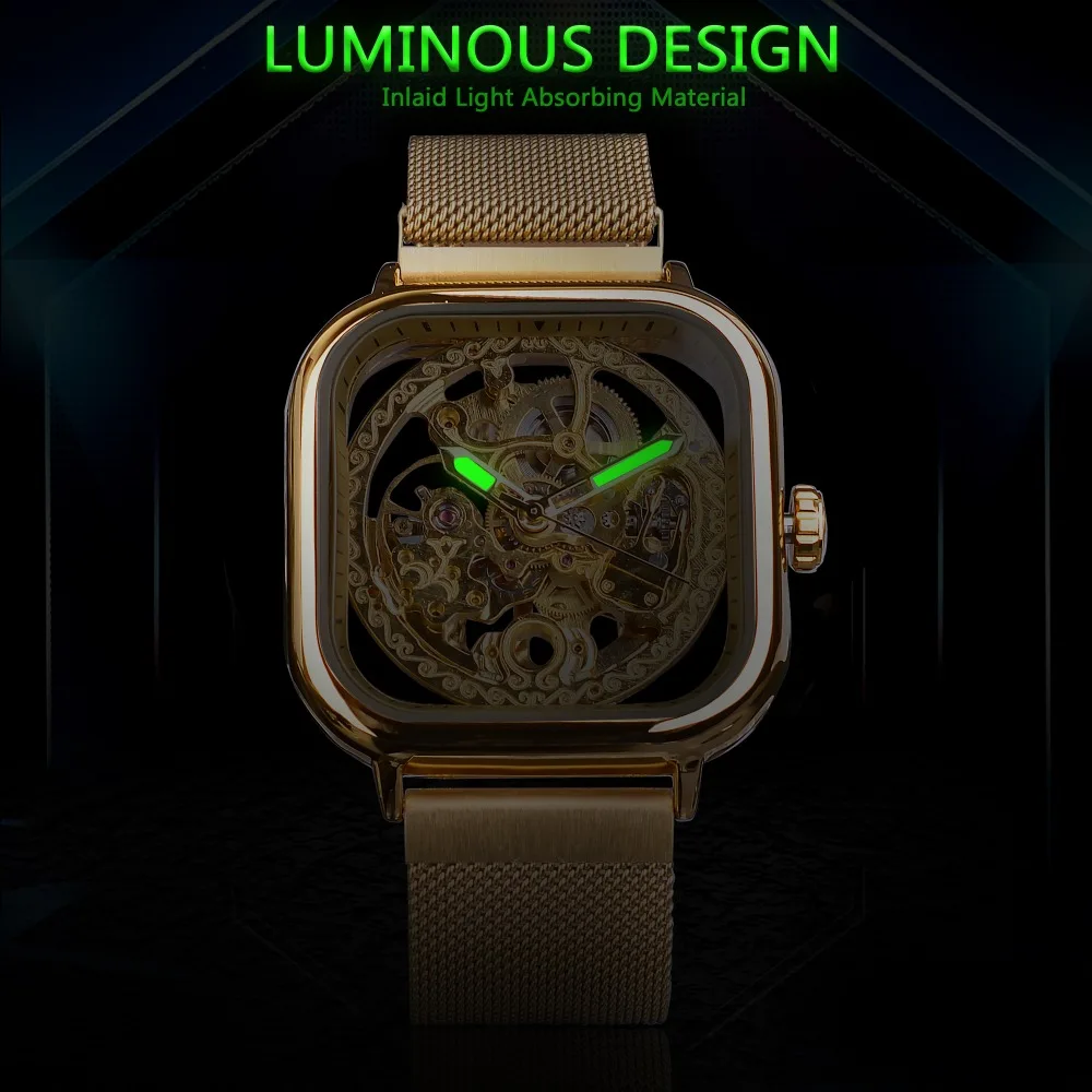 Forsining Men Self-Wind Mechanical Watches Luxury Square Transparent Fashion Skeleton Automatic Male Watch Montre Dropshipping