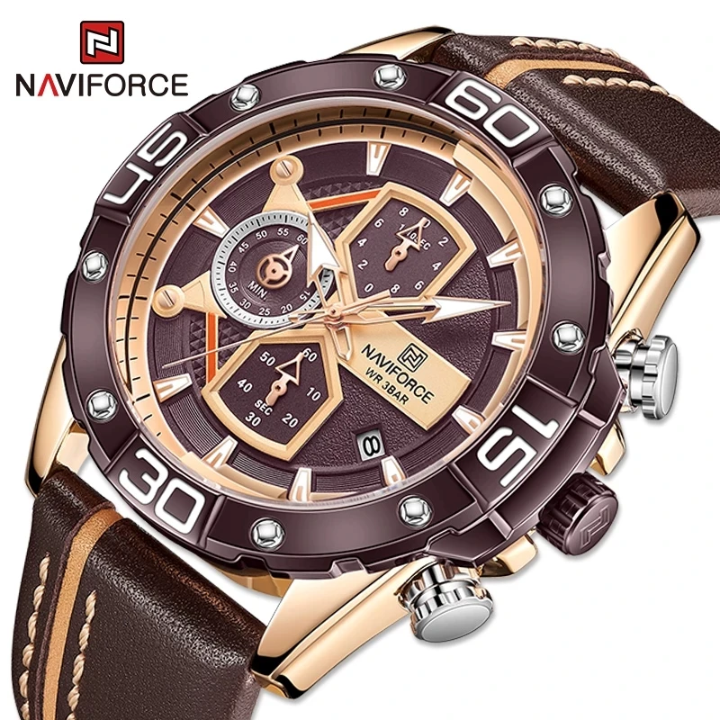 NAVIFORCE 8018 Watch Casual Sports Male Chronograph Wristwatches Business Genuine Leather Waterproof Men Watches Relogio Masculi