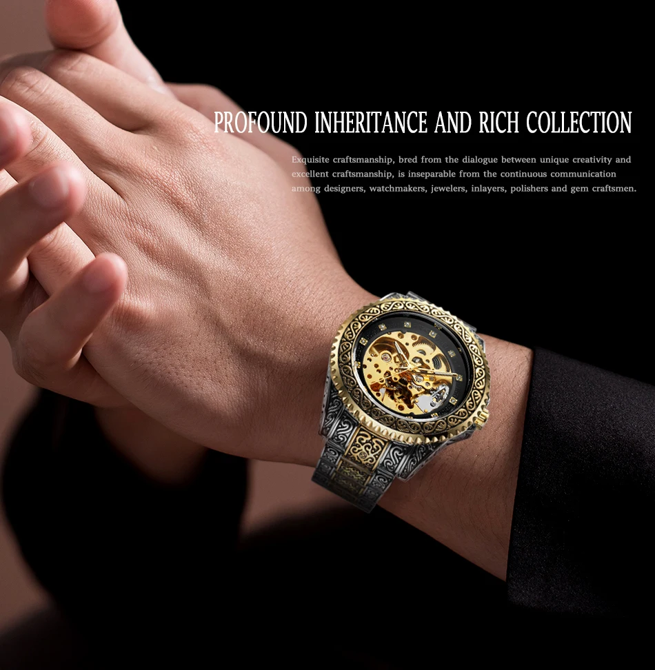 Forsining New Arrive Hot  Men Mechanical Wristwatch Skeleton Automatic Gold Watch Mens Diamond Stainless Steel Waterproof Watch
