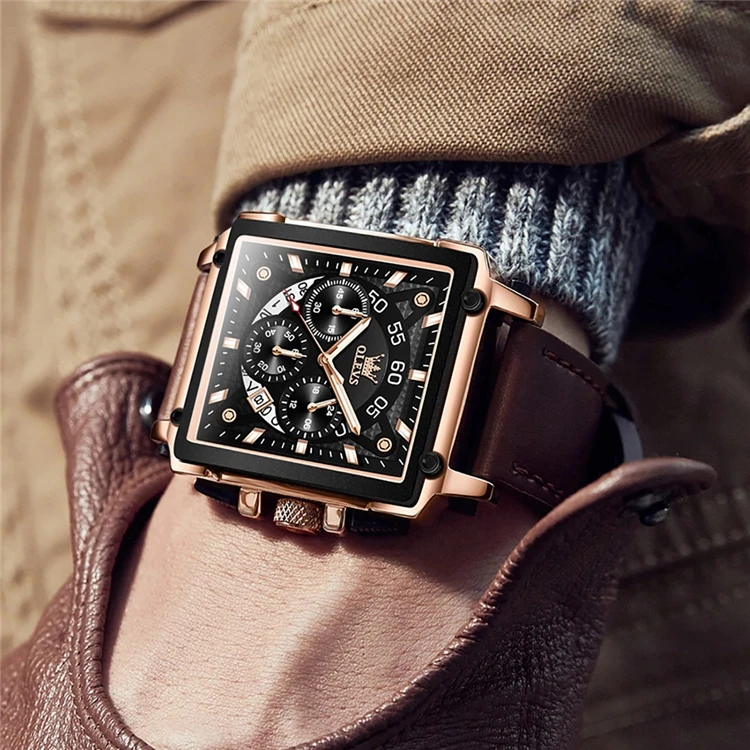OLEVS 9919 Original Watch for Men Top Brand Luxury Hollow Square Sport Watches Fashion Leather Strap montre olevs Quartz watches