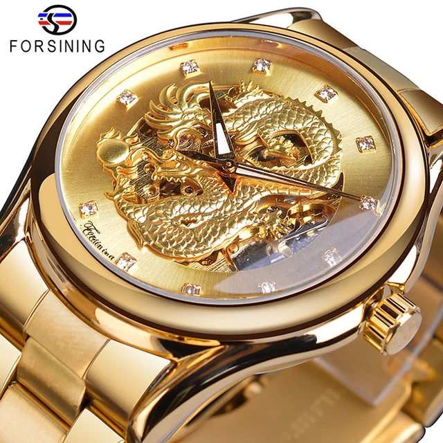 Forsining Men’s Silver Dragon Skeleton Automatic Mechanical Men Wrist Watch Full Stainless Steel Strap Clock Waterproof Watches