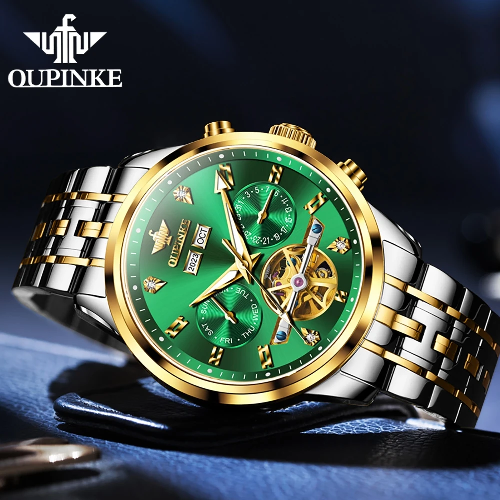 OUPINKE  3248  Automatic tungsten steel Luxury Watches Fashion Custom skeleton Tourbillon multi-function Men’s mechanical watch