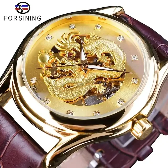 Forsining Men New Diamond Display Dragon Golden  Luminous Hand Transparent Watch Top New Luxury Waterproof Mechanical Watch