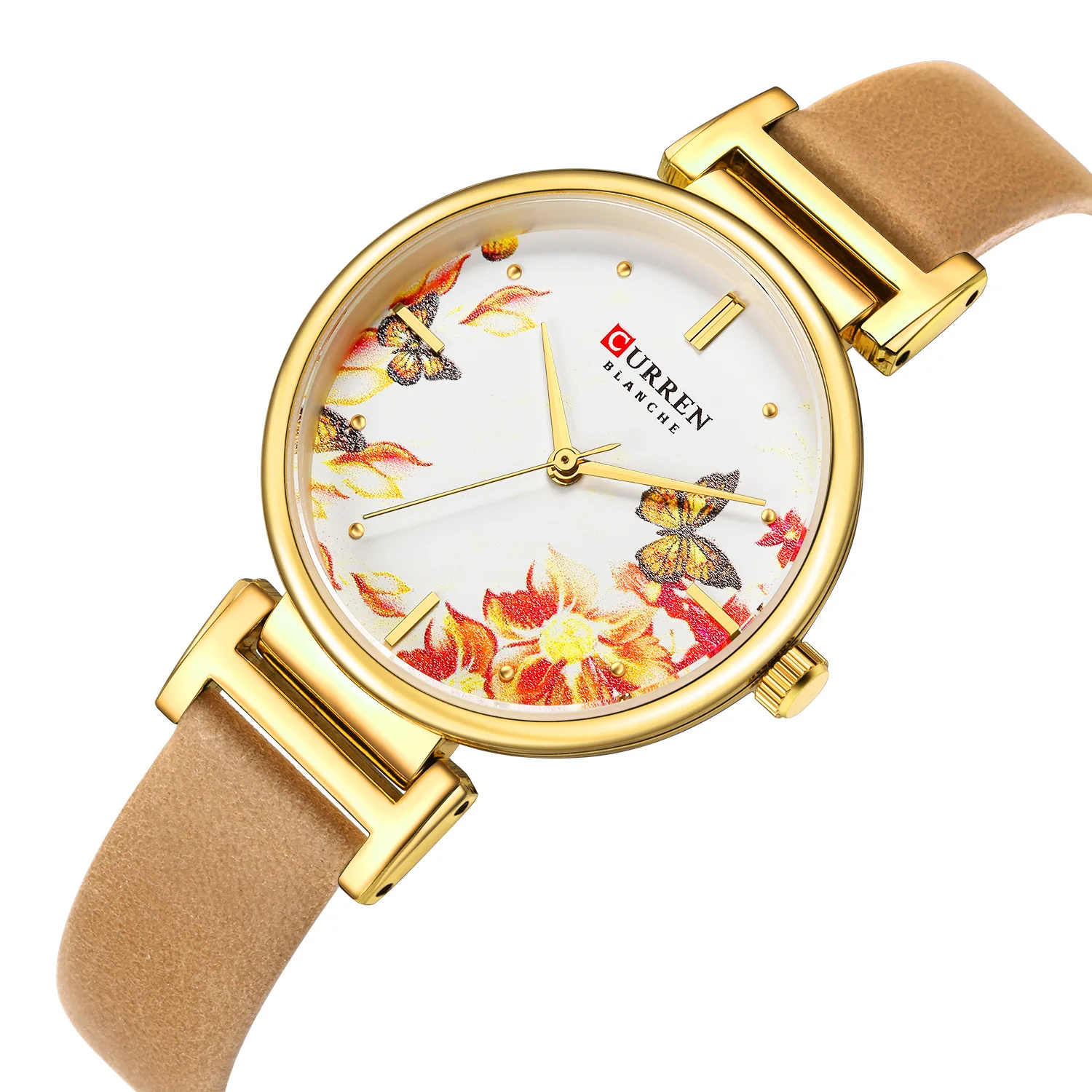 CURREN 9053 Ladies Quartz Watches Fashion Beautiful Flower Design Leather Strap Wrist Watch
