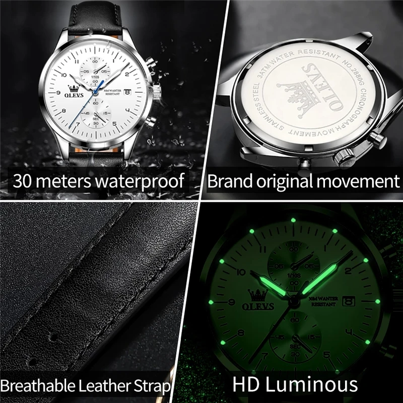 OLEVS 2880 Quartz Genuine Leather Strap Watch for Men Business Waterproof Super-thin Complication High Quality Men Wristwatch