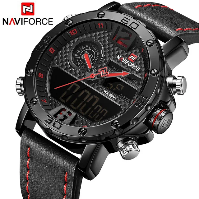 NAVIFORCE 9134 Watch Mens Luxury Leather Sport Watches Wrist Quartz LED Digital Clock Waterproof Men Wristwatch Montre Homme