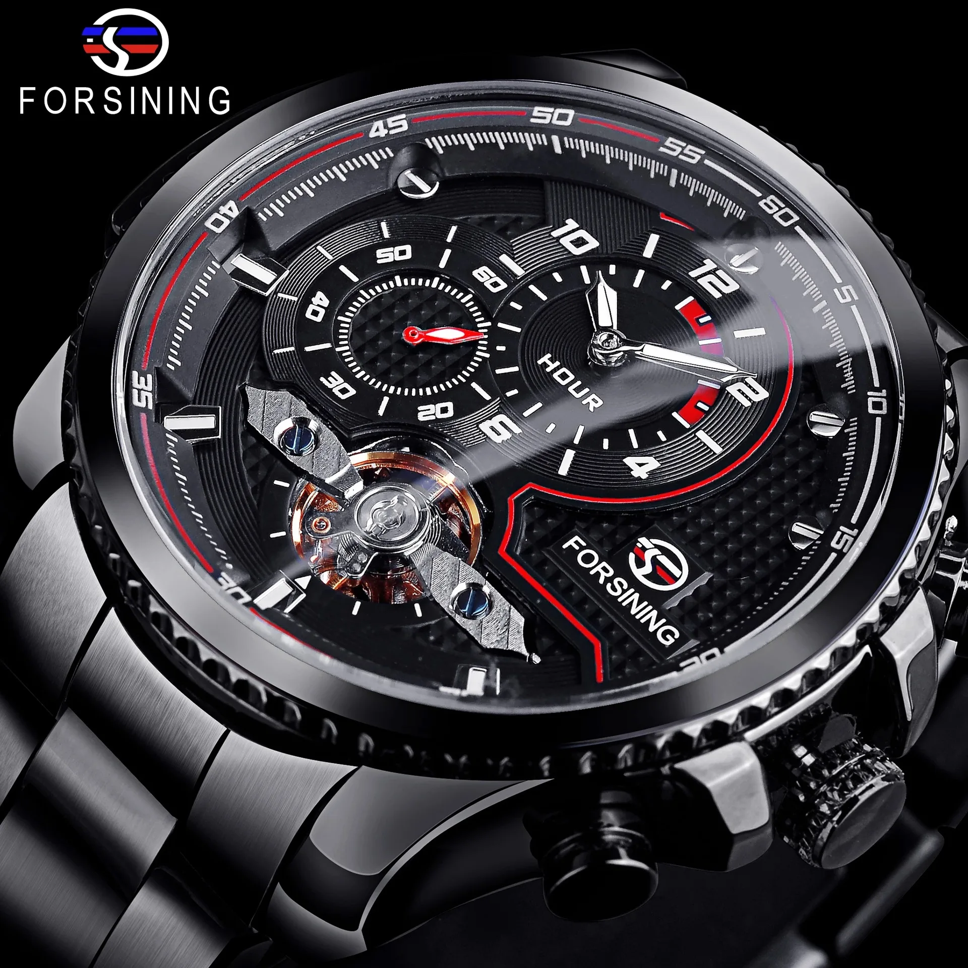 Forsining Automatic Mechanical Watch Men Tourbillon Wristwatches Fashion Multifunction Waterproof Stainless Steel Watches Mens