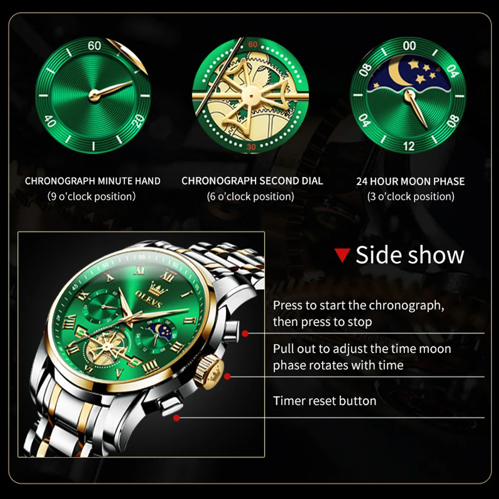 OLEVS Brand Wrist watch Real Three-Eye Fashion Business Sports Style Timing Quartz Core Stainless steel waterproof Men’s Watches