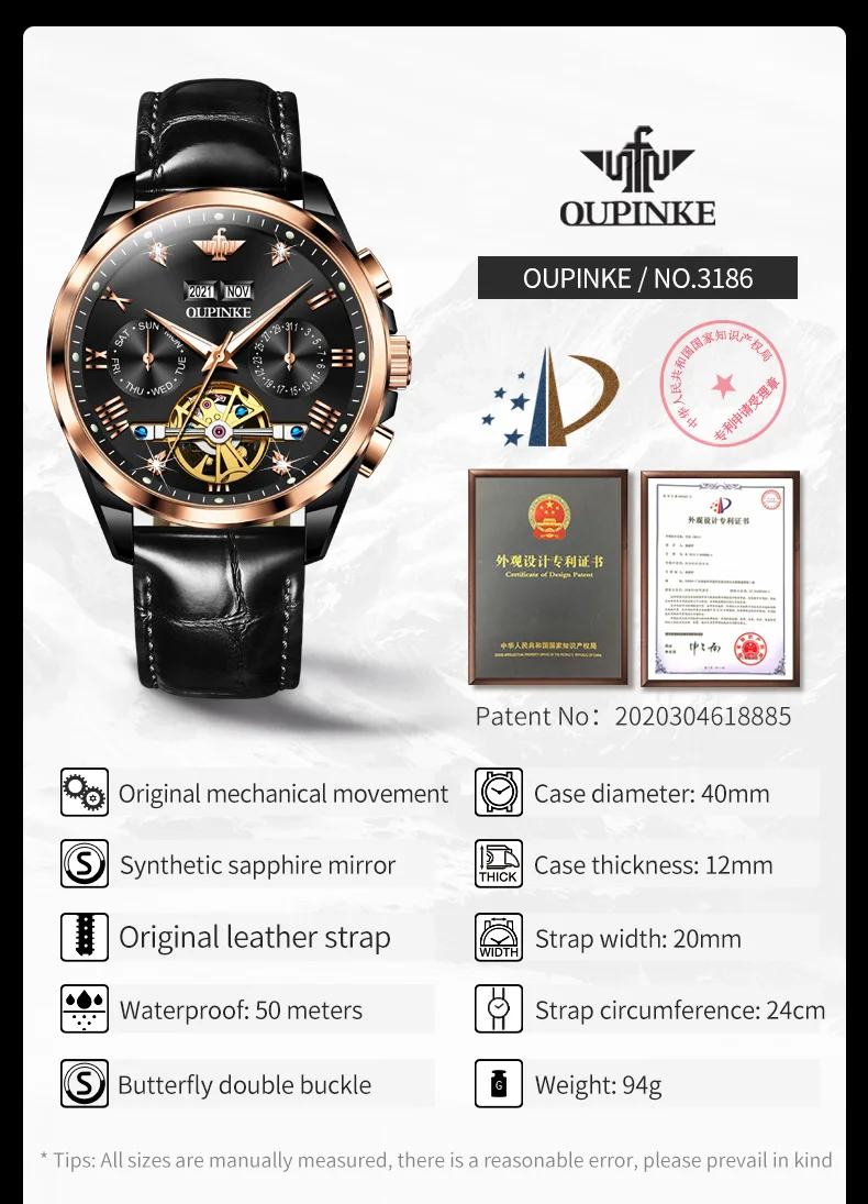 OUPINKE 3186 New arrival Luxury automatic Leather Strap Digital sports Fashion wrist watches for men waterproof Mechanical watch