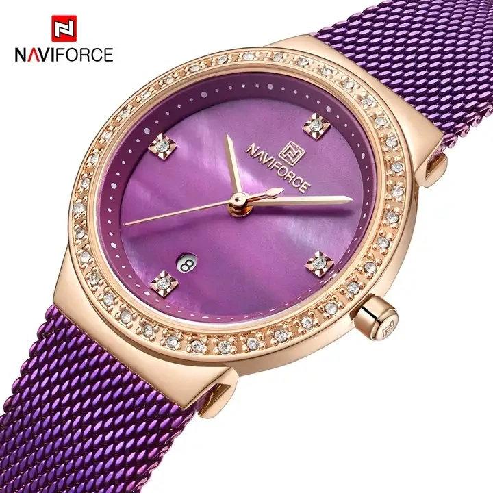 NAVIFORCE 5005 Women Quartz Watches Fashion Luxury Rose Gold Blue Watch Ladies Simple Stainless Steel Mesh Belt Wrist Watches