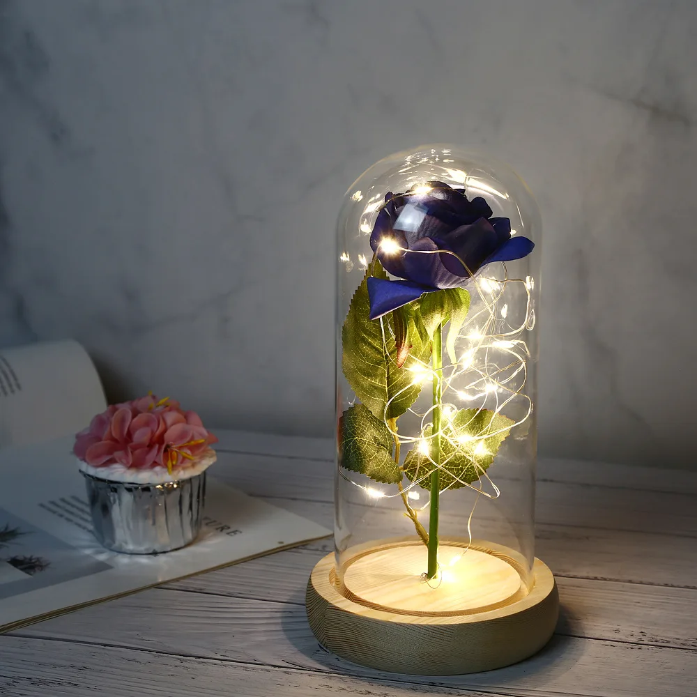 Mothers day birthday gifts galaxy enchanted red rose silk rose under glass dome with Led light