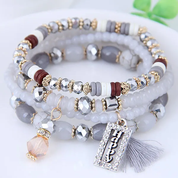 Fashion Tassel and Happy Engrave Charm Bracelet Handmade Multi Color Crystal Bracelet