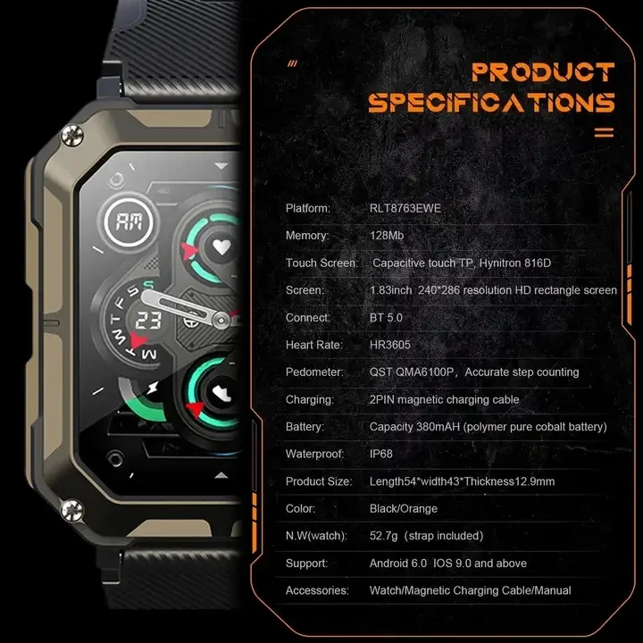 C20 Pro Smart Watch For Men IP68 Waterproof 380mAh Long Time Standby Full Touch Bluetooth Digital Smartwatch