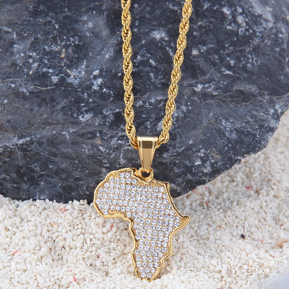 Africa Map Iced Out Chain Rhinestone Crystal Gold Pendant & Necklace