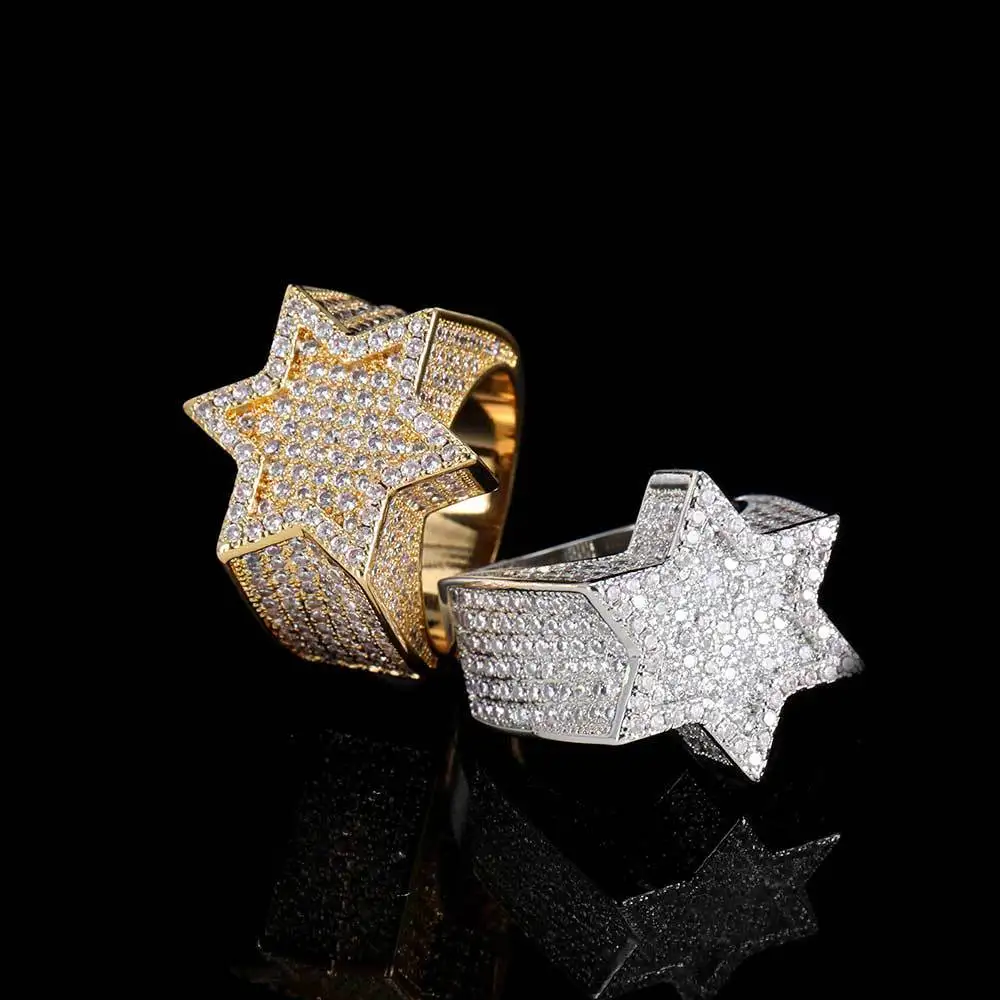 14K Gold Silver Plated Iced Out Punk Band Hexagram Star Ring for Men and Women Novelty Jewelry