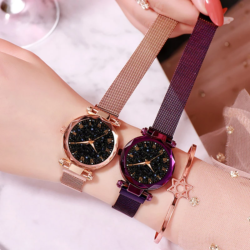 Luxury Women Watch with Magnetic Strap, Starry Sky Female Clock M0243 Quartz Wristwatch