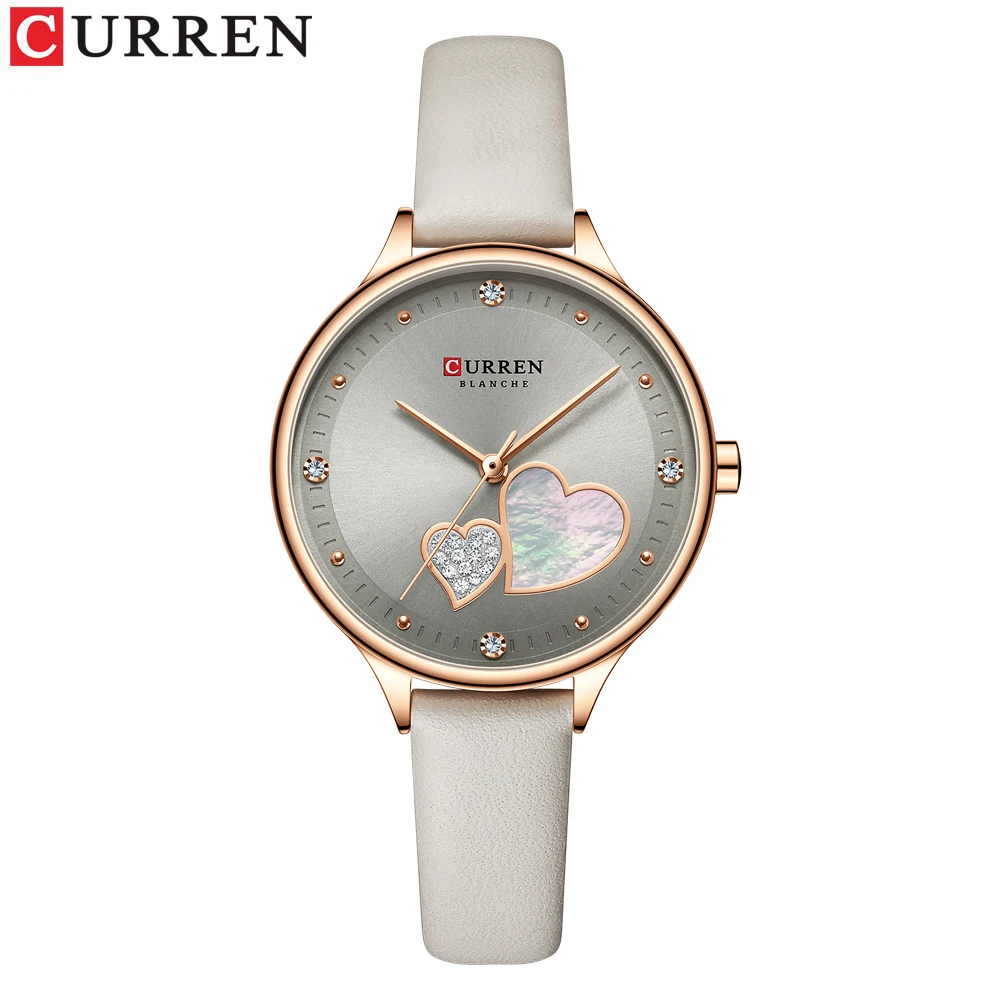 Curren 9077 Brand Cute Style Genuine Leather Strap 3Bar Water Resistant Heart Shape Print Diamond-Embedded Women Quartz Watch