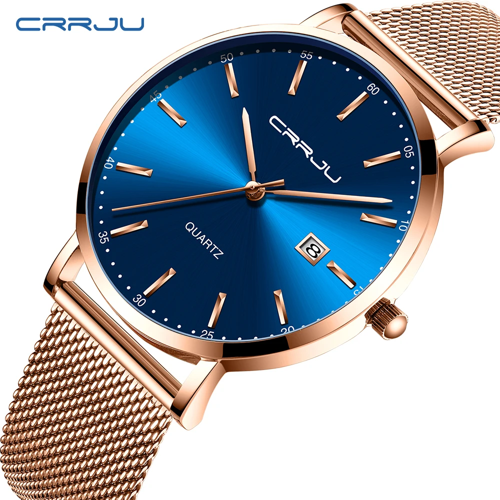 CRRJU 2161 trending blue mens quartz watch best Mesh Strap water resist calendar Simple Casual watch kit