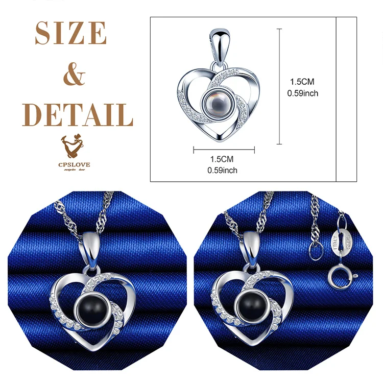 100 Languages “I Love You” S925 Silver Zircon Projection Necklace Hollow Heart Valentine Gift