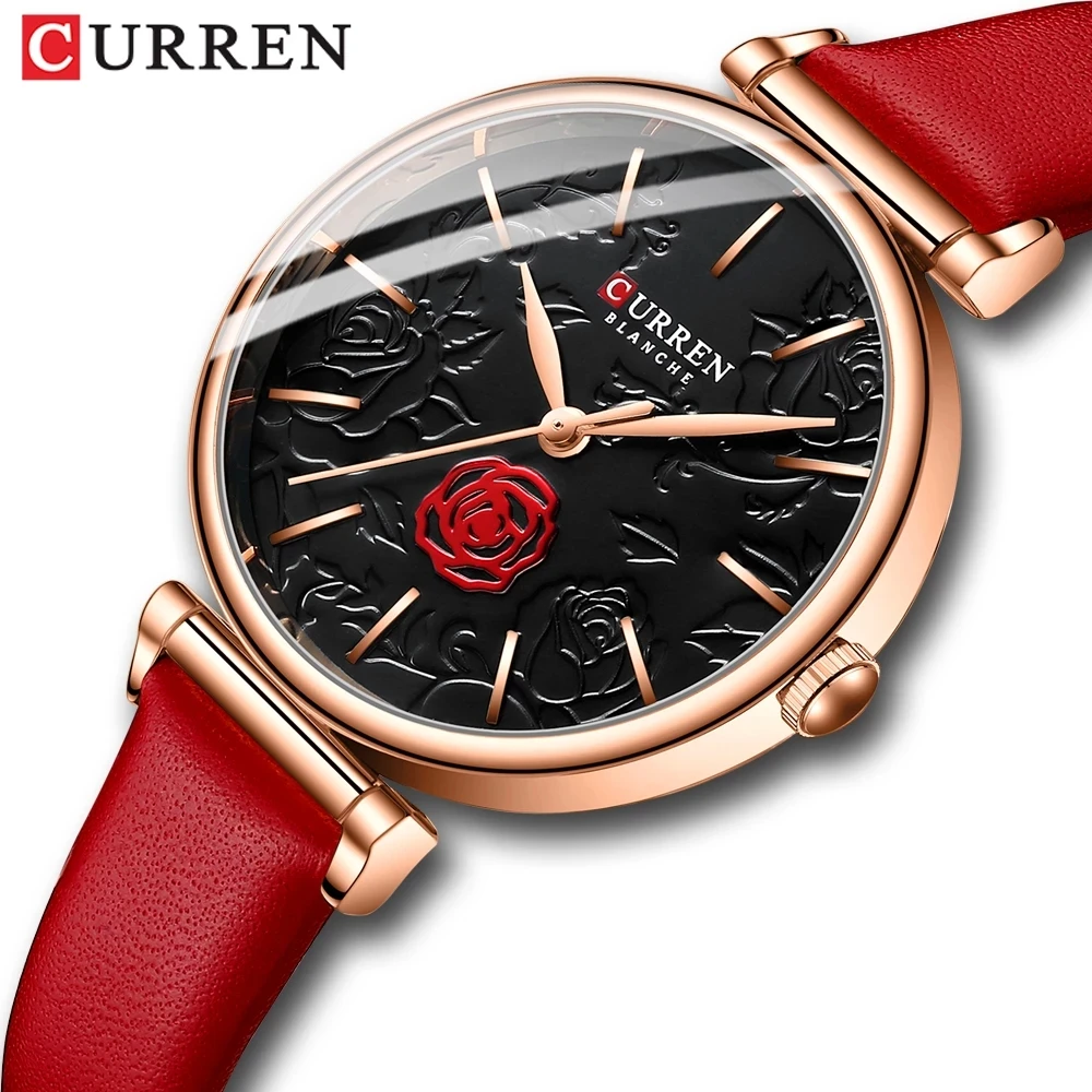 CURREN 9078 Charming Women’s Wristwatches With Leather Elegant Rose Flower Dial Quartz Watches Female Watch Women Wristwatch