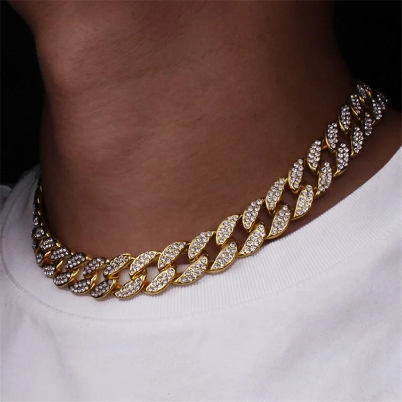 Bling Rhinestone Golden Finish Miami Cuban Link Chain Necklace Men’s Hip Hop Necklace Jewelry