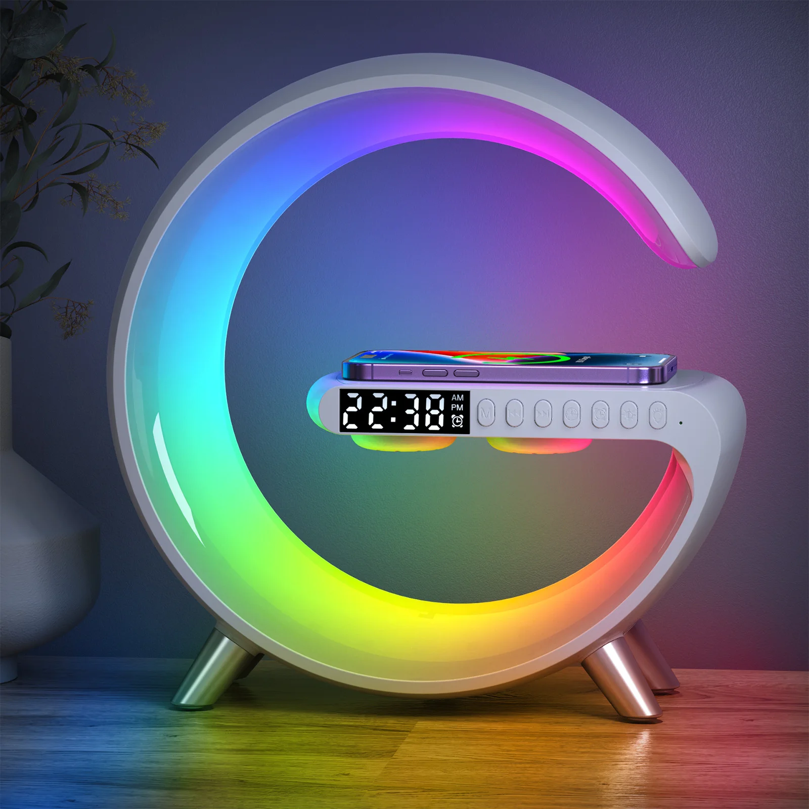 2023 New Arrived G-shape Atmosphere LED Night Light BT Speaker Music Lamp Alarm Clock Smart Light With 15W Wireless Charger