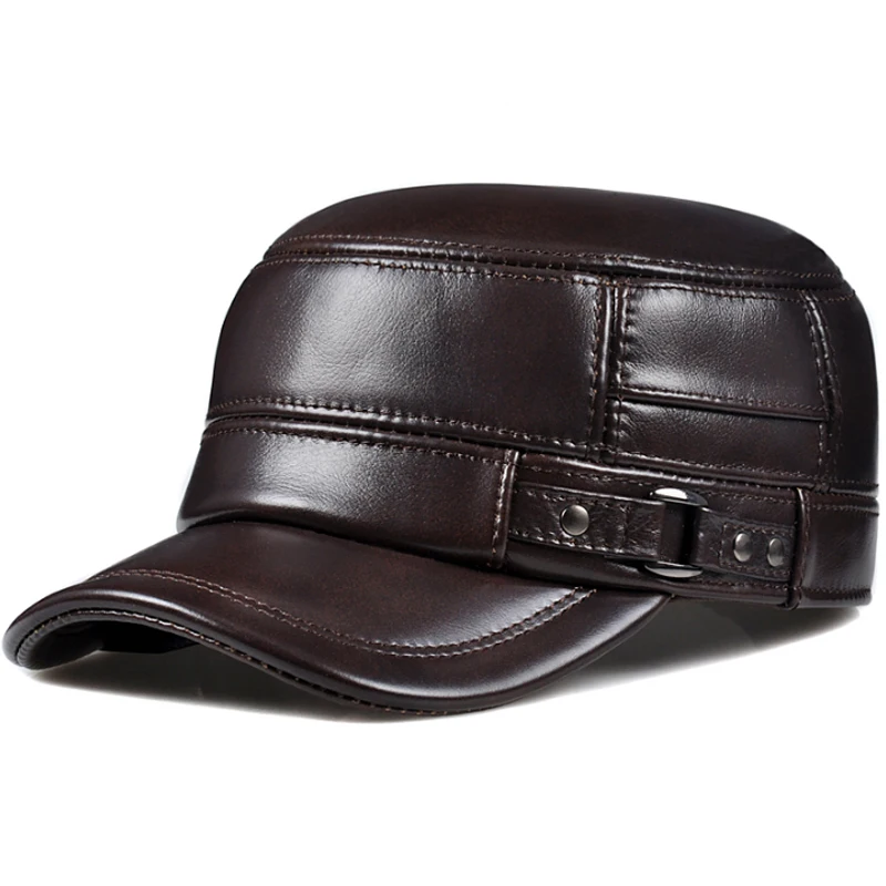Winter Genuine Leather Cap Men’s Flat Caps Warm Army Military Hat Elegant Man Baseball Cap British Vintage Cowhide Leather Hat